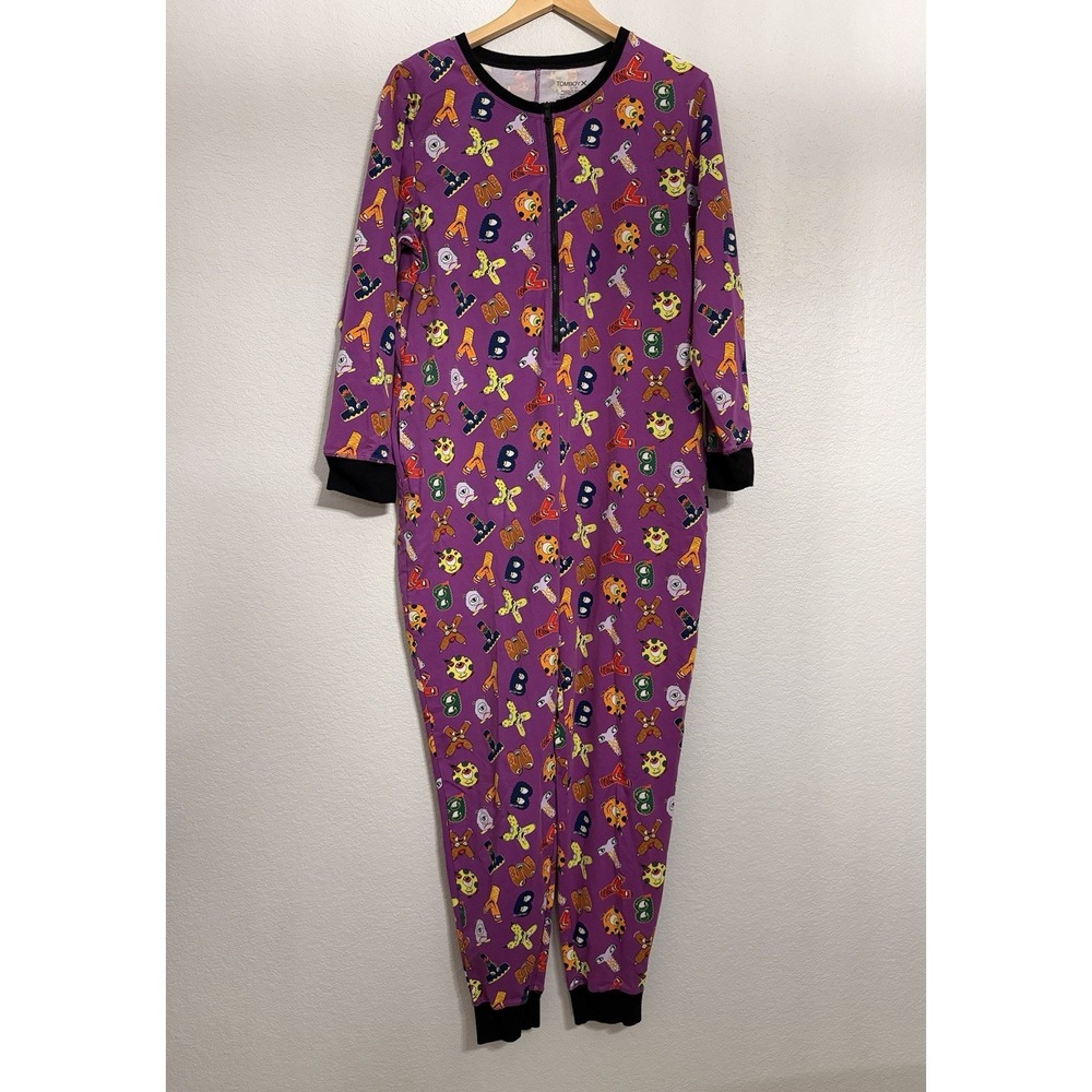 TomboyX Purple Monster Print One Piece Pajama Large Long Sleeve Zip